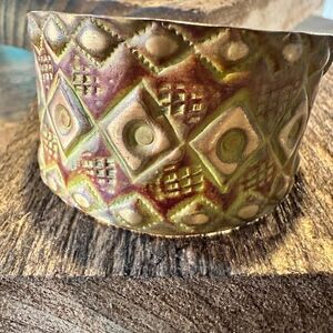 Handcrafted Artesian Boho Brass Patina Bracelet, Burnt Orange Diamonds and Squa